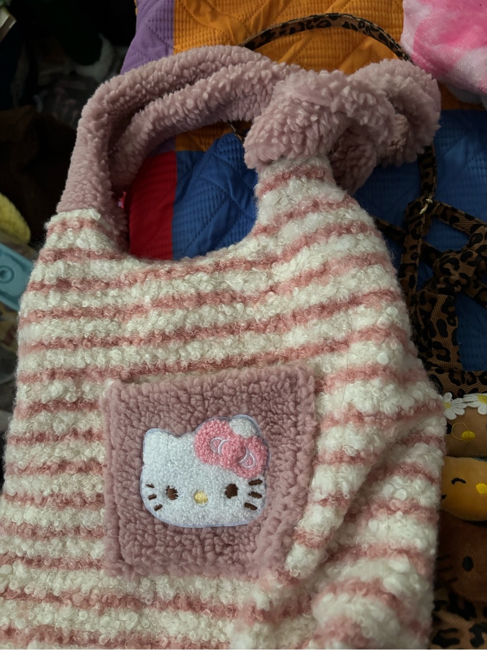 Hello Kitty Pink and Cream Striped Sherpa Kids Shoulder Bag